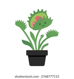 A charming illustration of a Venus flytrap with a smiling face, depicted in a simple, flat cartoon style.
