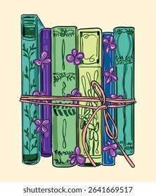 Charming illustration of vintage books wrapped in a pink ribbon with delicate purple flowers. Ideal for bookish designs, cozy reading themes, and whimsical vintage-style decor projects.