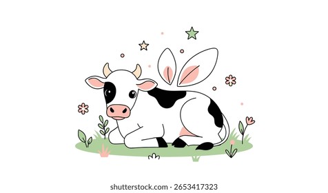 Ilustração encantadora de uma vaca caprichosa com delicadas asas de borboleta descansando pacificamente em um prado exuberante cercado por flores silvestres e insetos voadores suaves