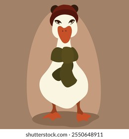 Charming illustration of a white duck wearing a red winter hat and a green scarf, set against a warm beige background.