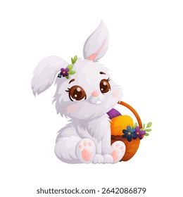 A charming illustration of a white Easter bunny holding a basket filled with eggs. Perfect for spring festivities, greeting cards, and holiday decorations.