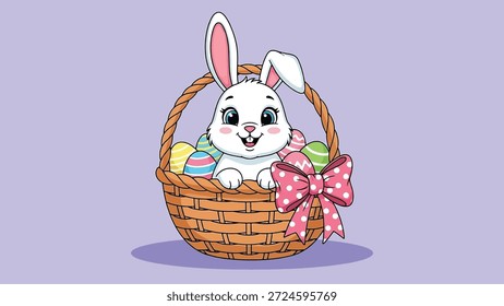 Ilustração encantadora de um coelho branco da Páscoa saindo de uma cesta tecida cheia de ovos de Páscoa vibrantes e decorados, adornados com um arco rosa.