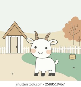 A charming illustration of a white goat standing in a serene countryside scene. The goat has a friendly expression and two small horns.