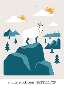 A charming illustration of a white mountain goat perched on a large rock formation, surrounded by stylized mountains, trees, clouds, and suns.