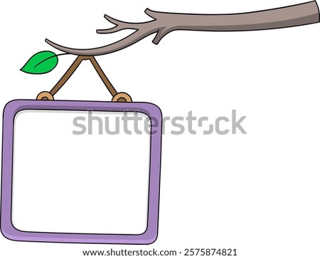 A charming illustration of a whiteboard with a purple frame, hanging from a tree branch with a small green leaf detail.