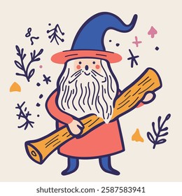 A charming illustration of a wizard holding a large log. The wizard has a long white beard, a blue pointed hat, and a red robe. 