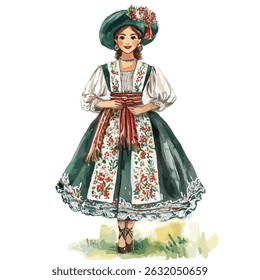 Uma ilustração encantadora de uma mulher em um traje popular tradicional vibrante. O estilo é pintado, com traçados de aquarela suave. A mulher é retratada em um tiro de corpo inteiro, sorrindo suavemente.