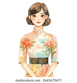 Uma ilustração encantadora de uma mulher usando um vestido floral vibrante qipao. O estilo de aquarela suave cria uma sensação suave e elegante.