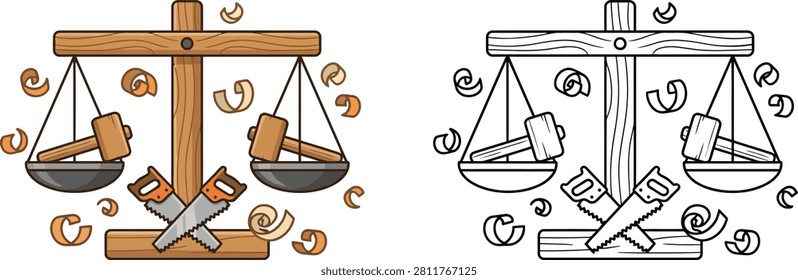 A charming illustration of woodworking tools arranged on a balance scale with wood shavings representing craft and precision