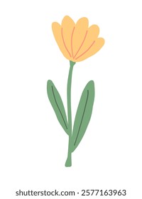 A charming illustration of a yellow flower with green leaves, featuring a playful and simplistic design.