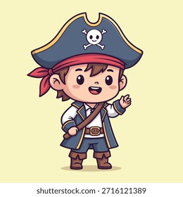 Una encantadora ilustración de un niño vestido de pirata, con un sombrero tricornio y una sonrisa amistosa.