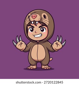 Una encantadora ilustración de un niño vestido con un adorable traje de topo, completo con garras y una expresión feliz, sobre un fondo simple.
