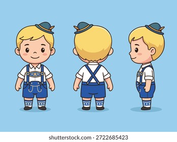 A charming illustration of a young boy dressed in traditional Bavarian lederhosen, shown from front, back, and side views.
