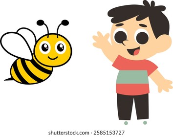 A charming illustration of a young boy and a friendly bee, captured in a whimsical, playful style. The boy has short, tousled hair and a bright, curious expression on his face, with wide eyes.