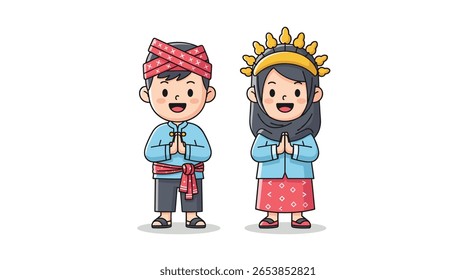 Charming illustration of a young boy and girl in traditional cultural attire showcasing a welcoming gesture