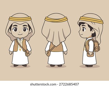 Una encantadora ilustración de un niño en un deshielo y ghutra, mostrada desde el frente, la espalda y las vistas laterales.