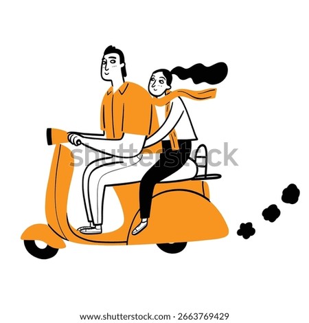 A charming illustration of a young couple sharing a happy moment while riding an orange scooter
