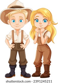 Una encantadora ilustración de una joven pareja que trabaja en una granja