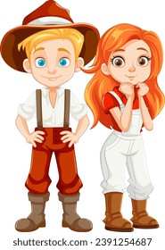 Una encantadora ilustración de una joven pareja que trabaja en una granja