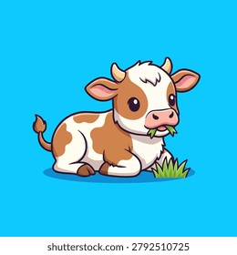 A charming illustration of a young cow lying down and enjoying a meal of fresh green grass.