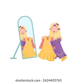 Ilustração encantadora de uma jovem em um hijab admirando um vestido amarelo em um espelho de comprimento total.