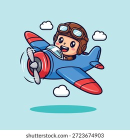 Eine charmante Illustration eines jungen Piloten in einem kleinen Flugzeug, der durch einen klaren blauen Himmel mit flauschigen Wolken ragt.