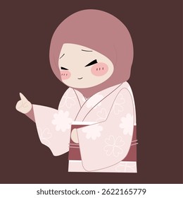Ilustração encantadora de uma jovem mulher com um quimono e hijab tradicionais, apontando gentilmente.  Cores suaves, estilo minimalista, transmitindo paz e serenidade.