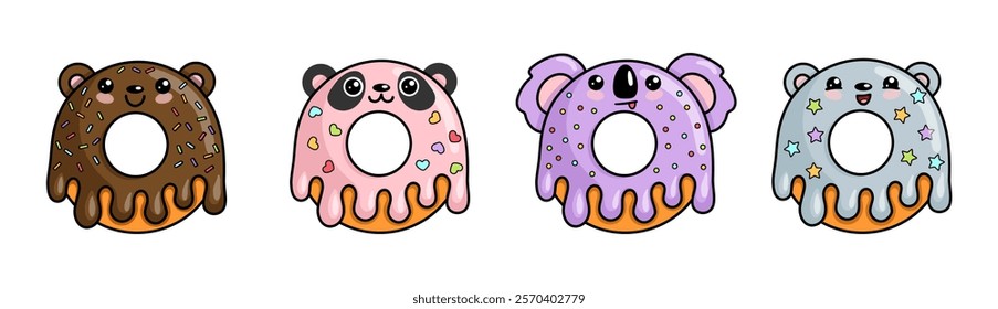 Charming illustrations for donuts in a kawaii style featuring animal faces, including a brown bear, panda, koala and a polar bear. Perfect for kids' designs, stickers, or fun graphic projects. 