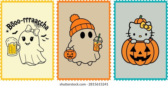 Charming illustrations of ghosts, pumpkins, and Hello Kitty in a pumpkin costume, perfect for Helloween decorations, stickers, or festive gifts.