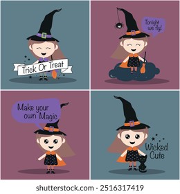 Ilustrações encantadoras de uma bruxinha para a temporada de Halloween. Ideal para adicionar um toque divertido e assustador para decorações, artesanato e projetos!