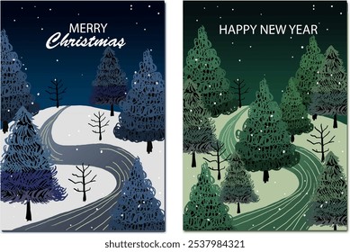 Ilustrações encantadoras de uma noite de Natal nevada e uma serena floresta de Ano Novo. Perfeito para saudações festivas com belas árvores de inverno e caminhos tranquilos. Cartão de saudação de Natal, cartaz e banner