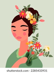 A charming image of a woman with a wreath of colorful wild flowers on her head. Perfect for spring cards and posters, banners, invitations, Mothers Day or Women Day. Vector.