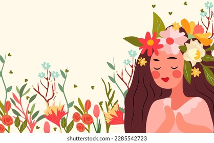 A charming image of a woman with a wreath on her head with colorful wild flowers and hearts in a circle. Perfect for spring cards and posters, banners, invitations, Mothers Day or Women Day. Vector