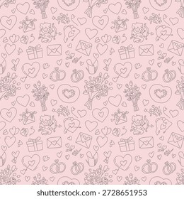 Um charmoso e íntimo padrão sem costura com rabiscos desenhados à mão de um jantar romântico. Esta linha minimalista de design de arte inclui símbolos de amor como corações, velas cintilantes, copos de vinho e deliciosas guloseimas. Perfeito para a marca de eventos do Dia dos Namorados, capas de menu de restaurantes, cartões comemorativos de aniversário e têxteis românticos de decoração de casa. Arquivo vetorial EPS 10 de alta qualidade, totalmente escalável e personalizável.