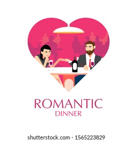 A charming and intimate vector illustration for a "Romantic Dinner." The design features a man and woman sharing a candlelit meal with red wine, framed within a large pink heart silhouette. This elegant graphic is ideal for Valentine's Day promotions, dating app branding, restaurant anniversary events, wedding invitations, and romantic social media content.