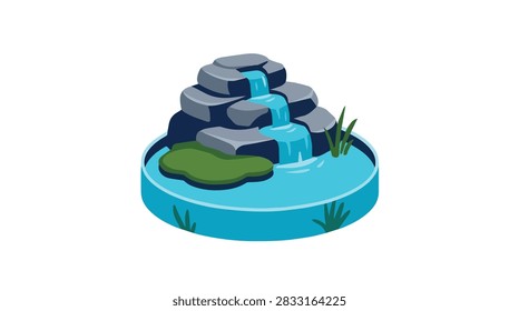 A charming isometric illustration of a small waterfall cascading over stacked rocks into a circular pool with aquatic plants.