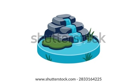 A charming isometric illustration of a small waterfall cascading over stacked rocks into a circular pool with aquatic plants.