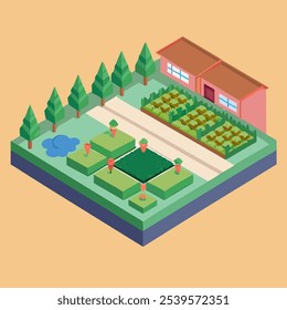 A charming isometric illustration of a suburban house with a neatly manicured garden, featuring a vegetable patch, flower beds, and a small pond.