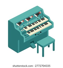A charming, isometric illustration of a teal-colored Hammond organ, complete with a matching bench and foot pedal. The organ has a friendly, smiling face.