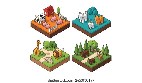 Charming isometric zoo and farm animal displays in a pixelated art style