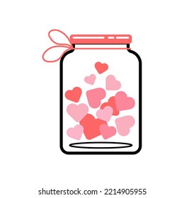 A charming jar with pink hearts for St. Valentine's Day. Vector illustration in line art and flat style.