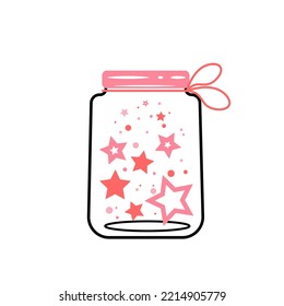 Un bonito frasco con estrellas rosas para el Día de San Valentín. Ilustración vectorial en línea y estilo plano.