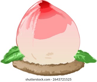 Um charmoso bolo de pêssego gelatinoso com folhas decorativas, ideal para sobremesa, culinária ou conteúdo criativo com temática gastronômica
