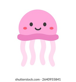 A charming jellyfish with a round, smiling face and soft, flowing tentacles in a flat design style. Suitable for kids' graphics, ocean-themed stickers, or playful underwater illustrations.