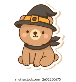 Charming kawaii bear wearing a witch or wizard hat, drawn in pastel colors. Great for Halloween designs, greeting cards, kids’ books, and magical-themed products.