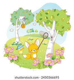 Charming Kawaii Cartoon Animals - Fox, Chicken, Cat, Elephant with Watermelon, Celebrating a Blissful Summer Holiday in a Beautiful Park - Isolated Vector Illustration on a White Background