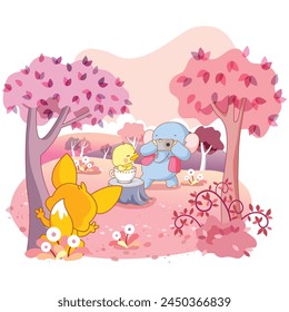 Charming Kawaii Cartoon Animals - Fox, Chicken, Cat, Elephant with Watermelon, Celebrating a Blissful Summer Holiday in a Beautiful Park - Isolated Vector Illustration on a White Background