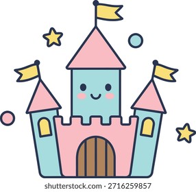 Un encantador Vector de castillo kawaii con una cara sonriente y colores pastel. Perfecto para la decoración de la guardería, papelería para niños, impresiones educativas y Clipart de fantasía.
