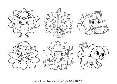 Encantador Kawaii Conjunto de Caracteres: Cute Coloring Pages com um Smiling Lemon, Guitarra, Trator, Fada, Agricultor, e Cachorro