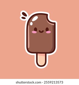 Charming kawaii chocolate popsicle illustration featuring a bite mark, a smiling face, and a pastel peach background. Perfect for food-related designs, summer themes, and cute projects